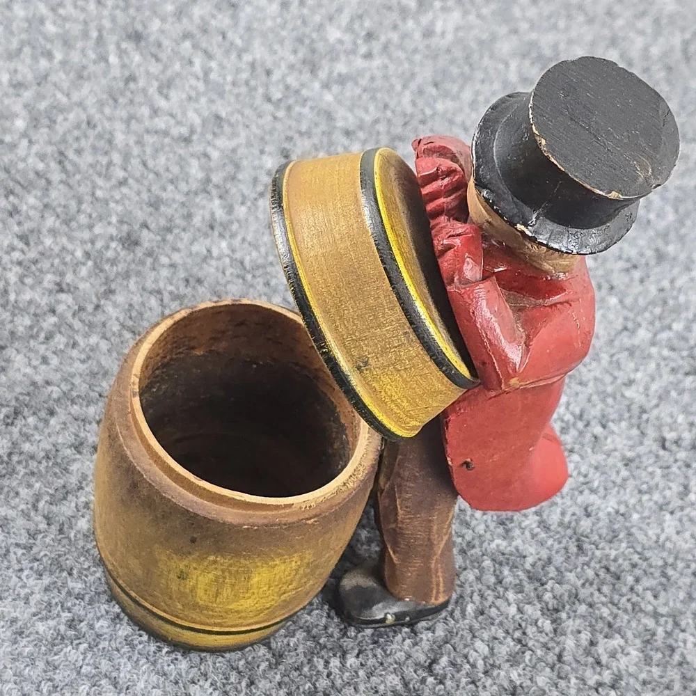 Vintage Mid Century Wood Figural Man Barrel‎ Trinket Box Folk Art